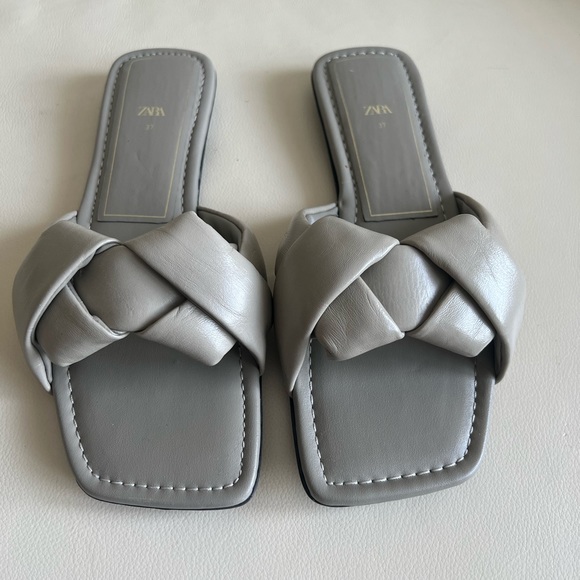 Zara Sage Leather Braided Slides size 37 - Picture 1 of 6